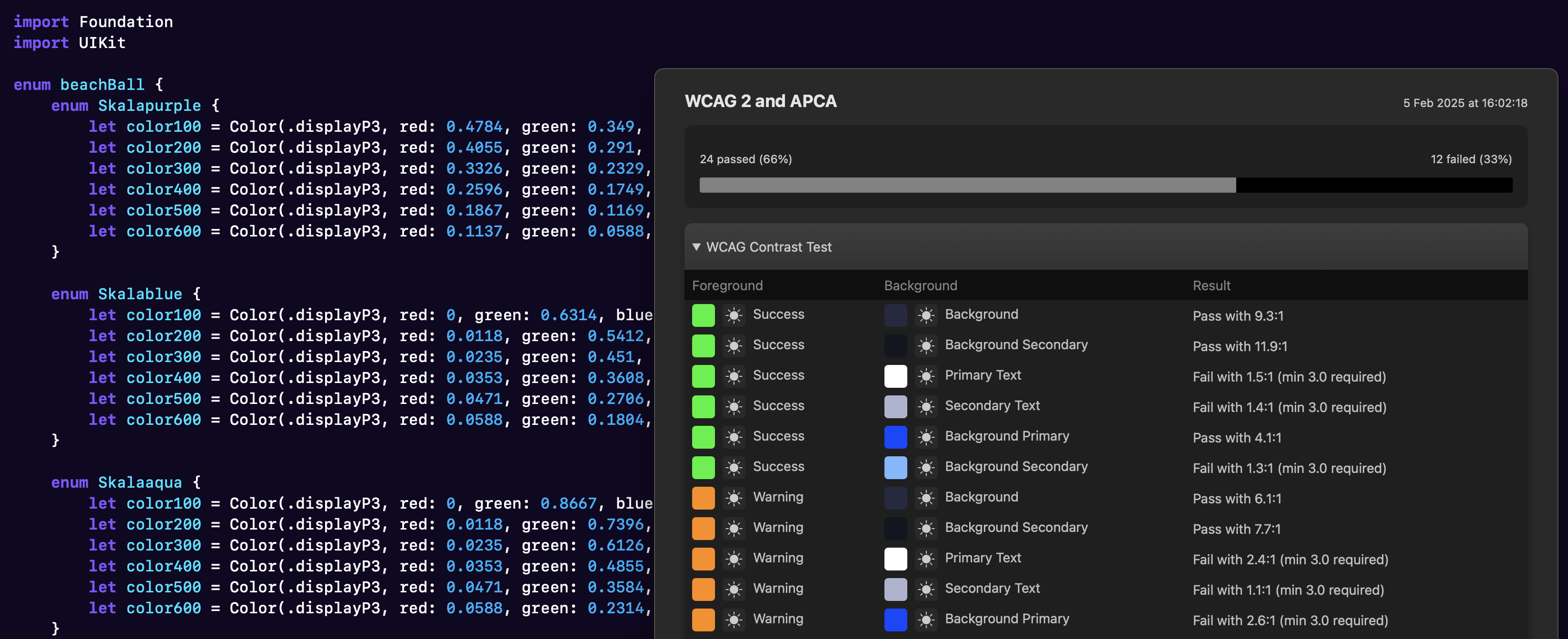A screenshot of code generated by Pinwheel, and a window with color contrast accessibility test results.