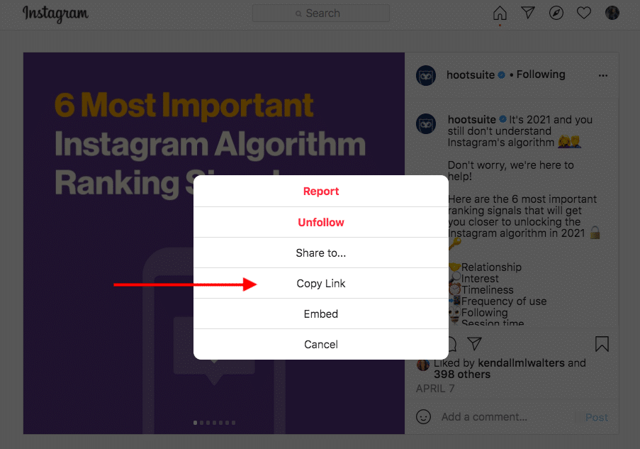 „Link kopieren“ auf Instagram