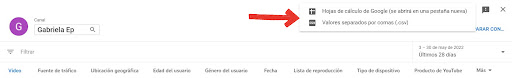Menú para elegir entre Google Sheets y formato .csv para generar informe de estadísticas de YouTube