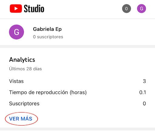 Opción ver más en el panel principal de la aplicación móvil YouTube Studio