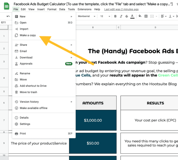 fb ads budget calculator make a copy
