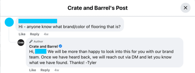 Crate and Barrel Facebook post comment reply