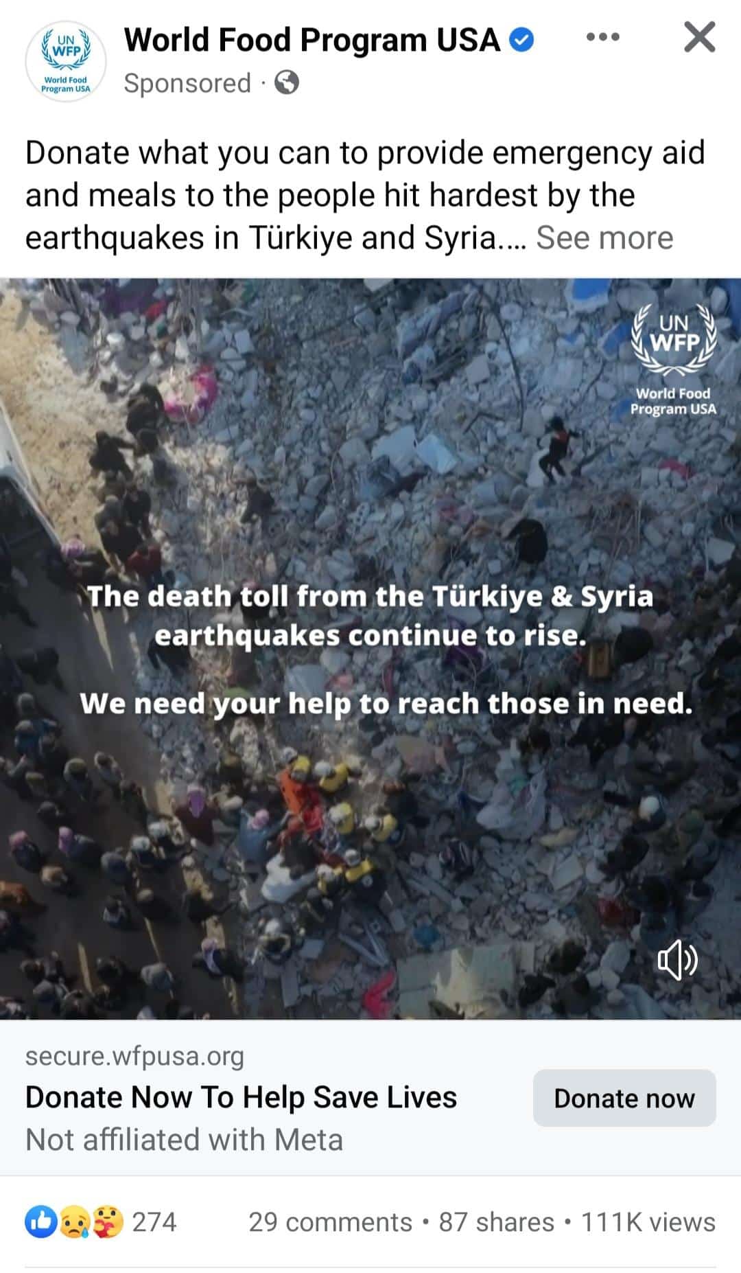 A screenshot of a sponsored Facebook post from The World Food Program.