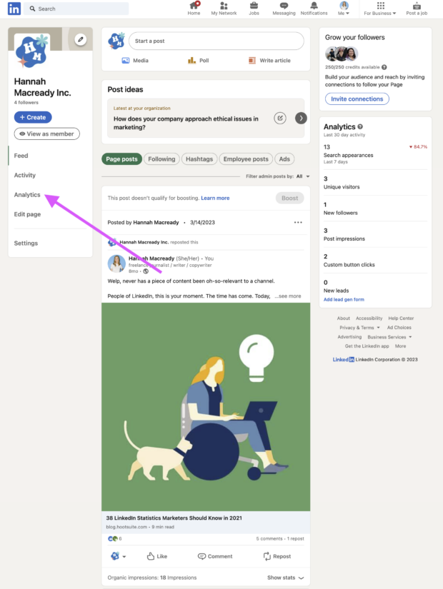 section Analytics dans le menu d'une page d’entreprise sur LinkedIn