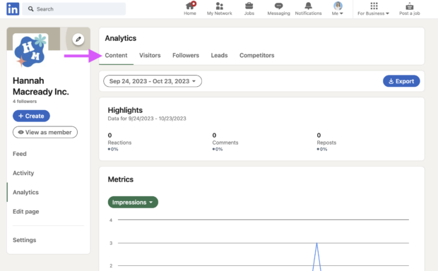 page statistiques sur LinkedIn avec onglets Contenu, Visiteurs, Abonnés, Prospects, Concurrents