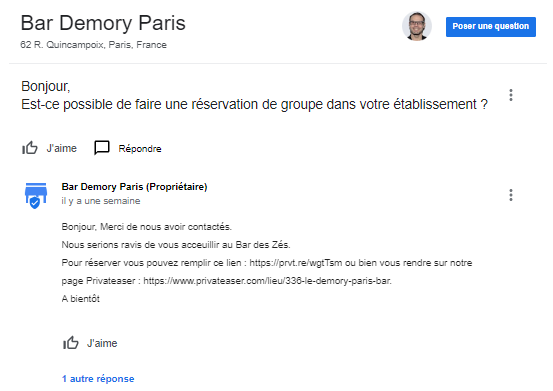 Question sur le Bar Demory de Paris