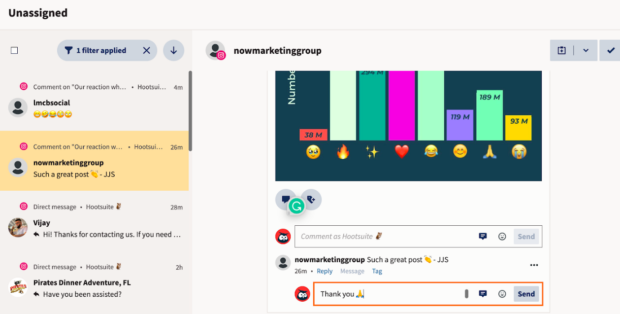 Comentarios y mensajes directos de la bandeja de entrada de Hootsuite Inbox