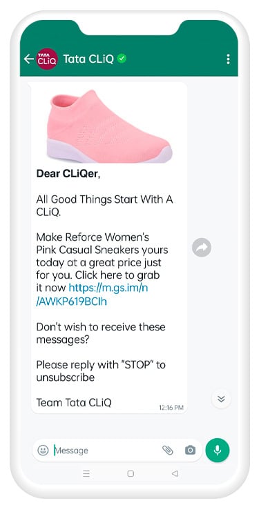 Tata CLiQ WhatsApp promotional message selling Reforce Women's Pink Casual Sneakers