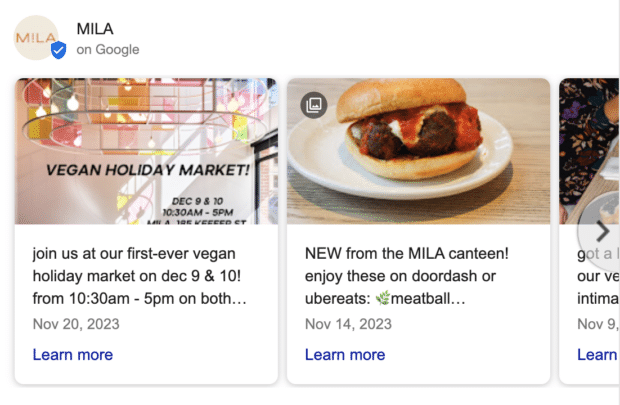 various google my business posts by mila restaurant promoting their daily deals