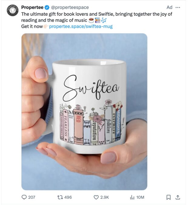 Propertee Swiftea mug ad for music and reading fans
