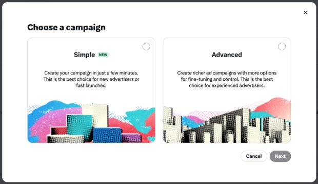 Choose a campaign select simple or advanced option
