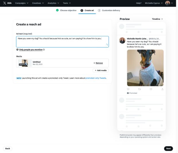 Create a reach ad with required text and media image