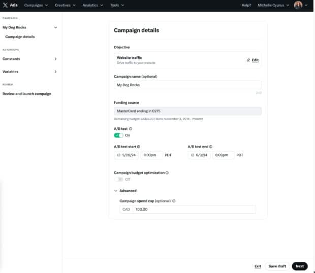 X ad campaign details objective funding source and campaign budget optimization