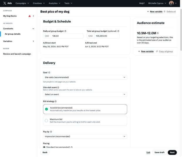 X ad budget and schedule