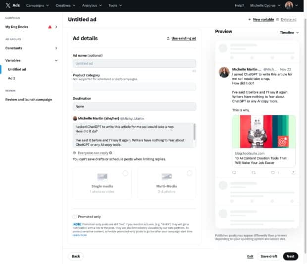 Ad details including name product category and destination