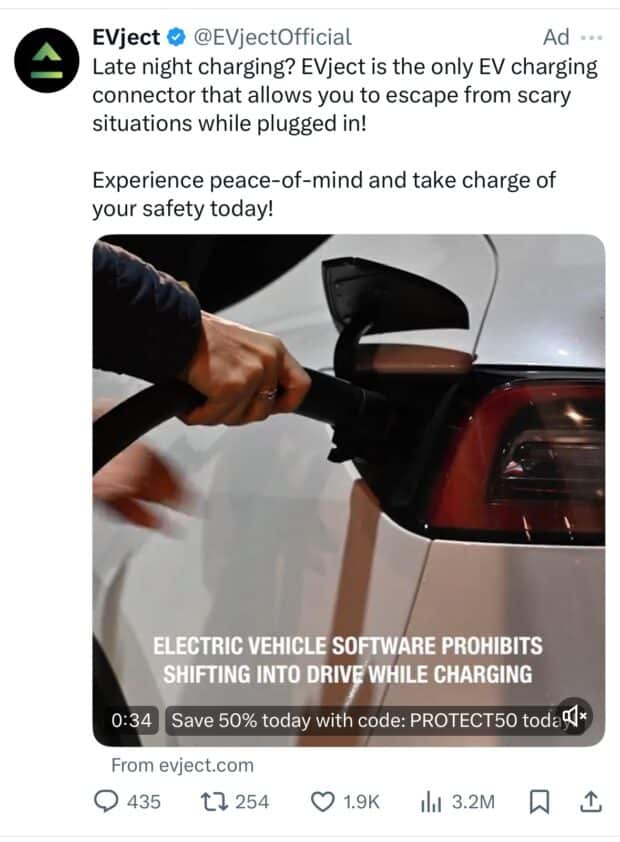 EVject electric vehicle charging software video ad on X with coupon code