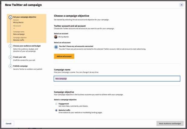 Create new Twitter ad campaign using Hootsuite with name and objective