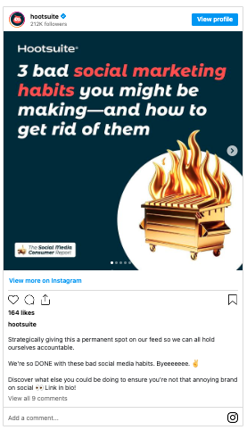 Instagram post from the account hootsuite showing 3 bad social marketing habits you might be making and how to get rid of them