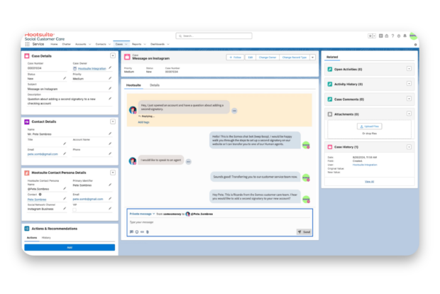 A view of the customer's Instagram DM reachout in the Salesforce dashboard