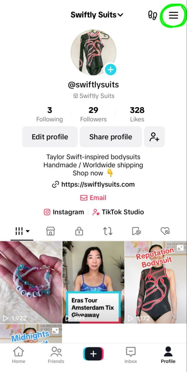 TikTok Business account profile bottom right menu