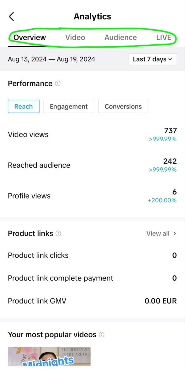 Switch Overview Video, Audience and LIVE tabs to view different metrics