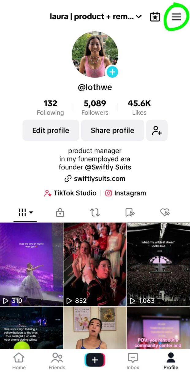 TikTok account select profile on bottom right