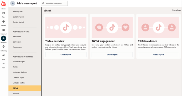 Hootsuite Templates sidebar Performance by metric TikTok overview engagement and audience