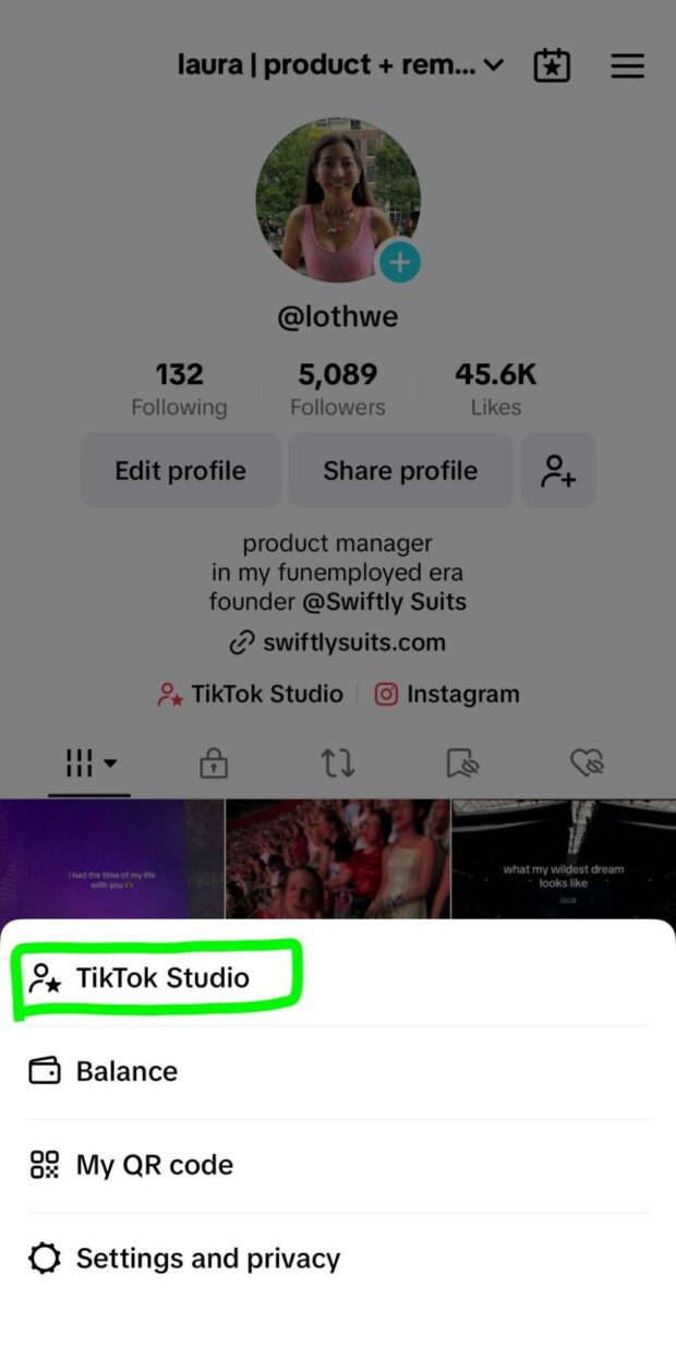 Select TikTok Studio from menu in top right corner