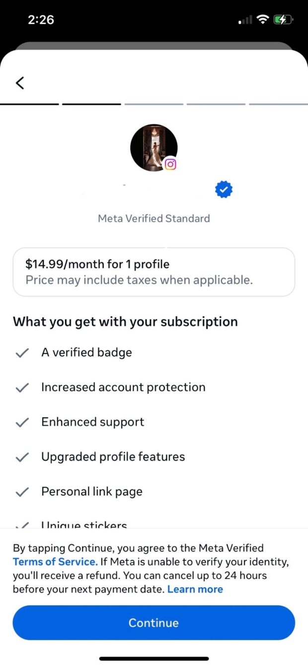 Meta Verified Standard subscription overview