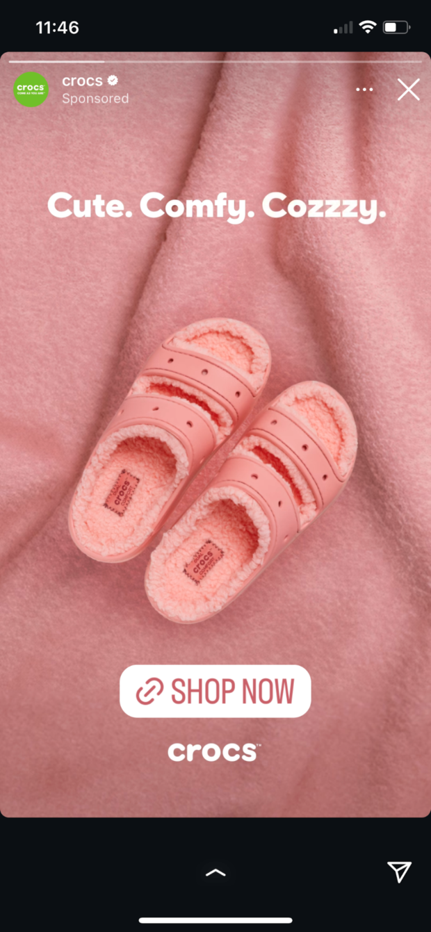 Crocs Cute Comfy Cozy Instagram Stories Ad with Shop Now button