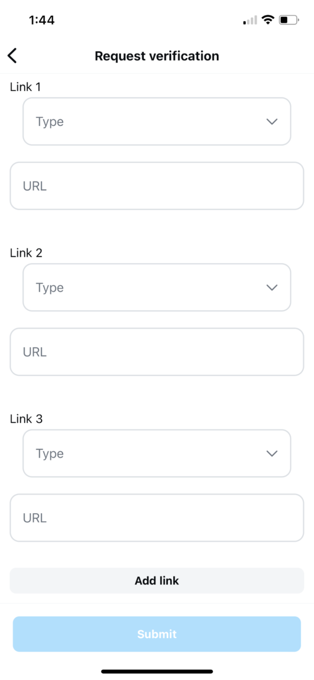 Request verification add 3 optional links to articles and social media accounts