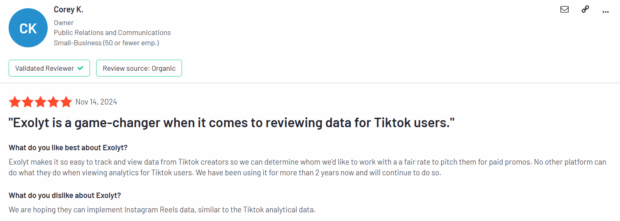 customer review Exolyt is a game changer when it coms to reviewing data for TikTok users