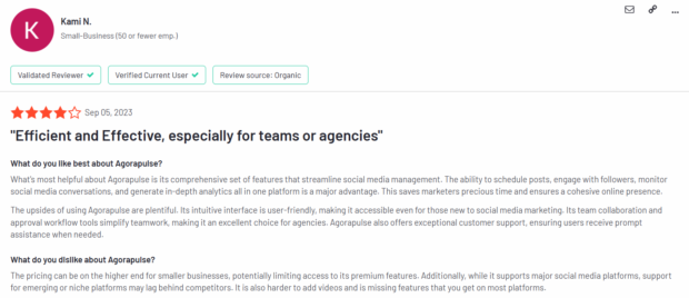 Agorapulse customer review efficient and effective especially for teams and agencies