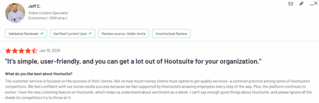 G2 review for Hootsuite simple user friendly