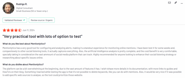 customer review Mentionlytics very practical with lots of options to test