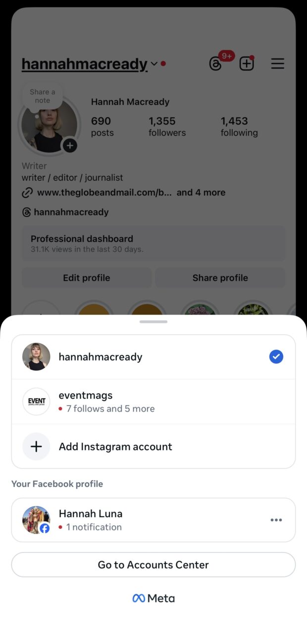 Instagram profile page with account switcher open, showing multiple accounts and a linked Facebook profile