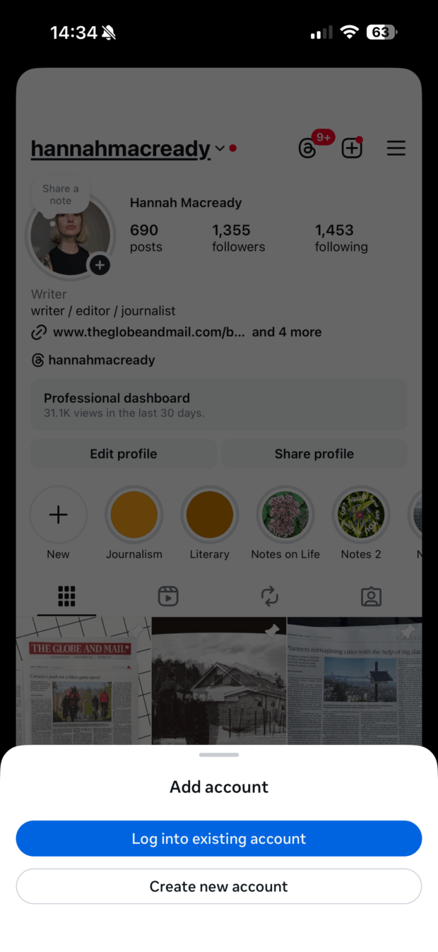 Instagram account switcher with options to log into an existing account or create a new account