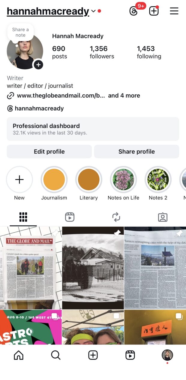 Instagram profile page for “hannahmacready”