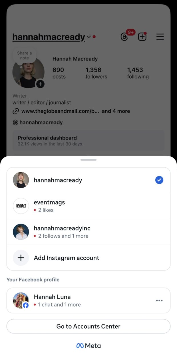 Instagram profile page with account switcher open, showing three Instagram accounts and a linked Facebook profile