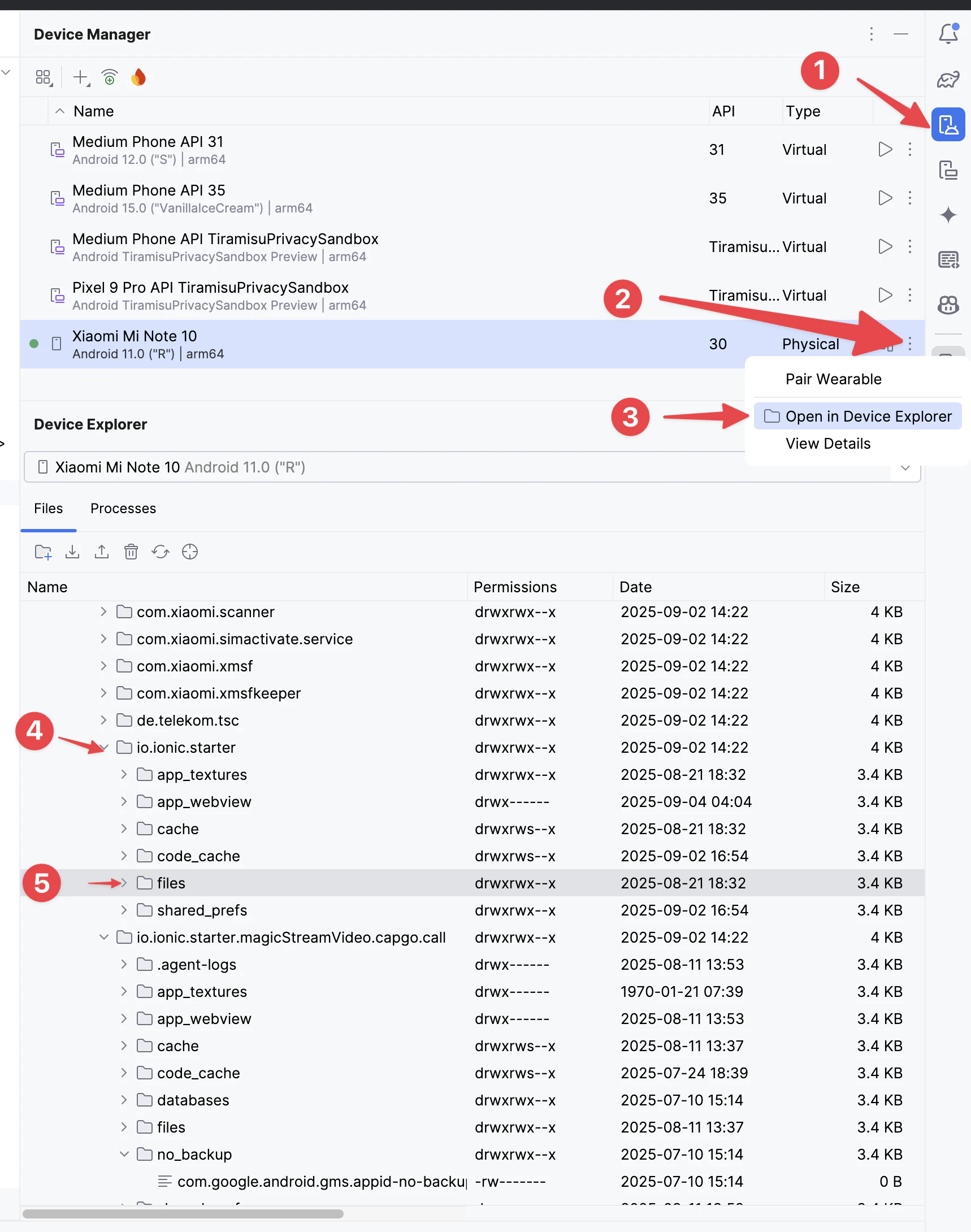 앱 데이터 디렉토리를 보여주는 Android Studio Device File Explorer