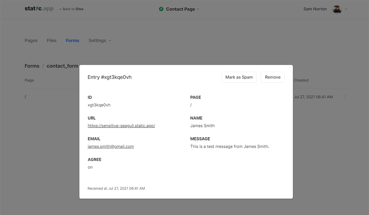 Contact form submissions on Static.app