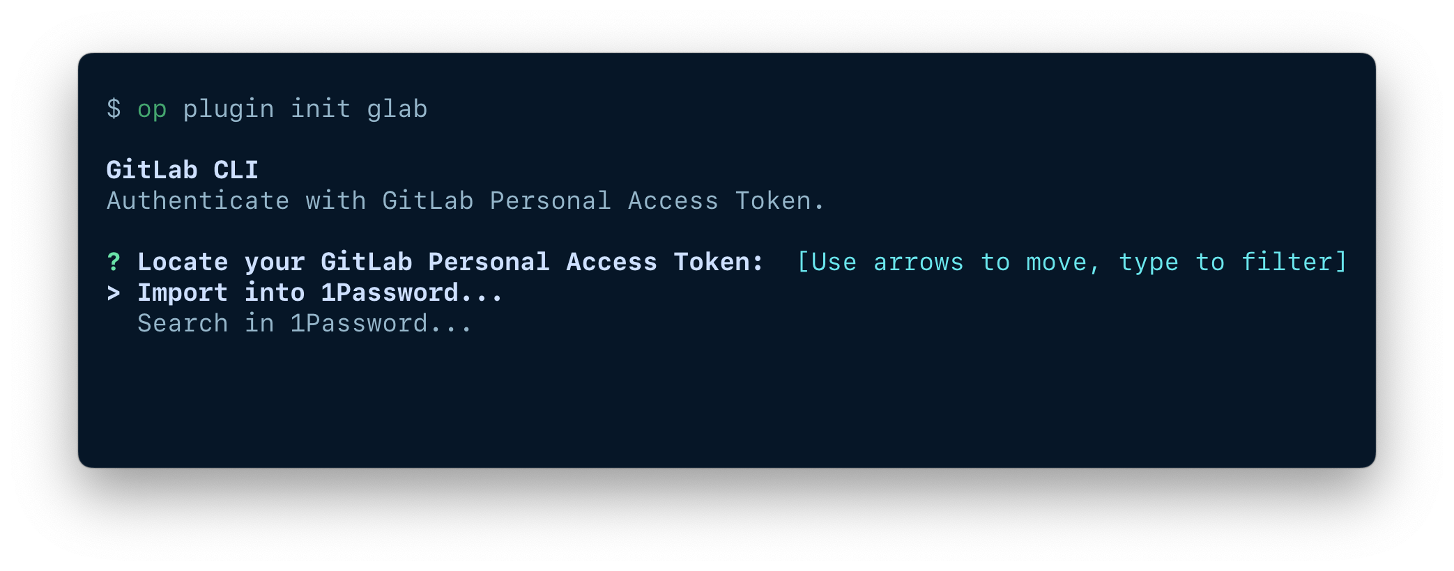 A terminal window displaying the op plugin init command and options to import or select an item.