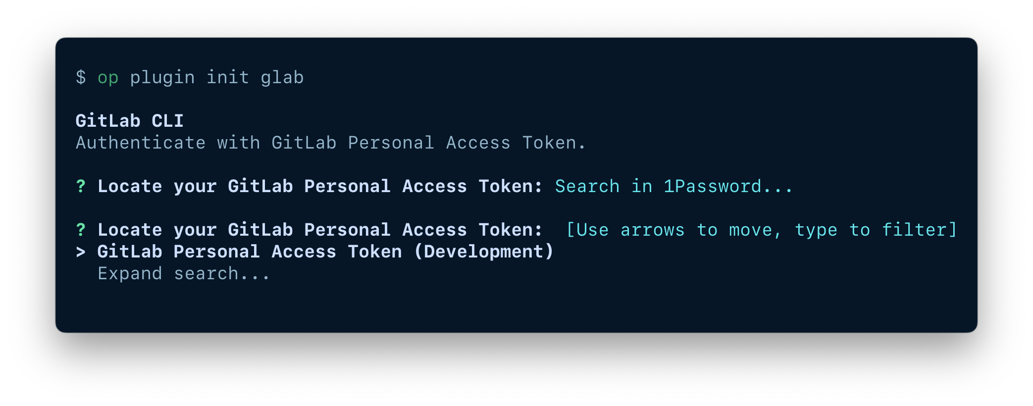 A terminal window showing the option to search for an existing item in your 1Password account.