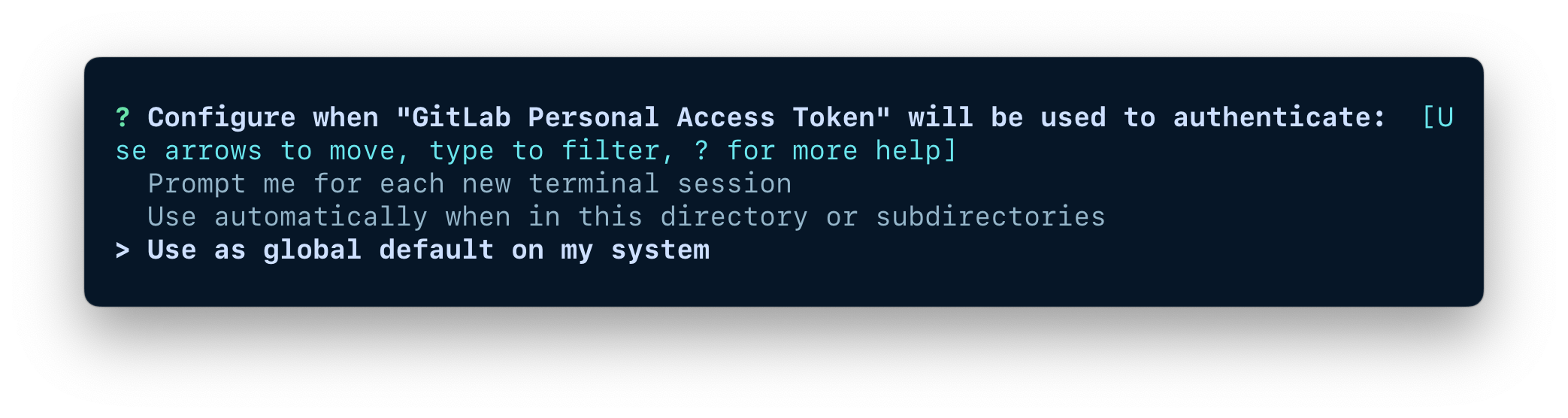 A terminal window showing the options for configuring when the credentials should be used.