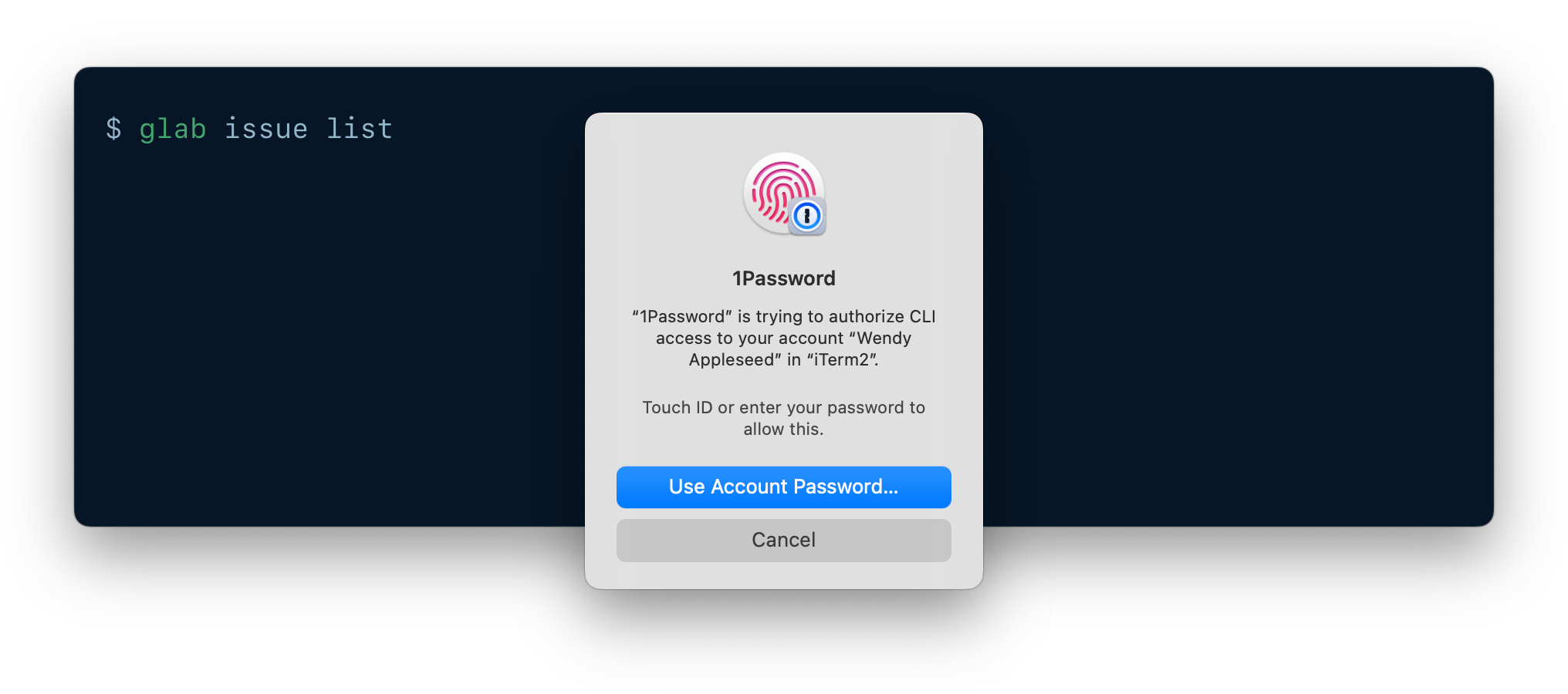 A CLI being authenticated using 1Password CLI biometric unlock.