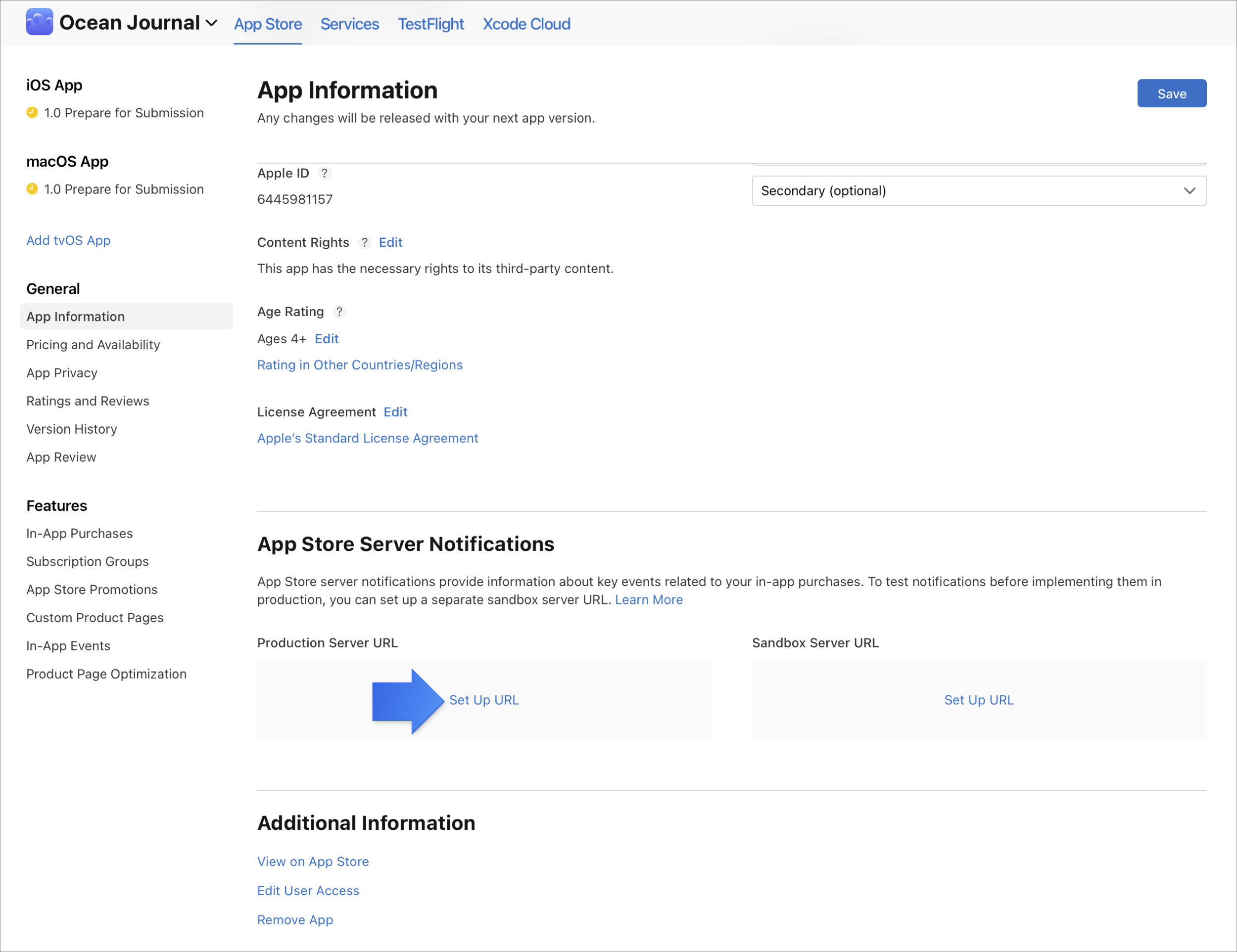 Screenshot of the App Store Server Notifications section on the App Information page. An arrow points to the 'Set Up URL' link for Production Server URL.