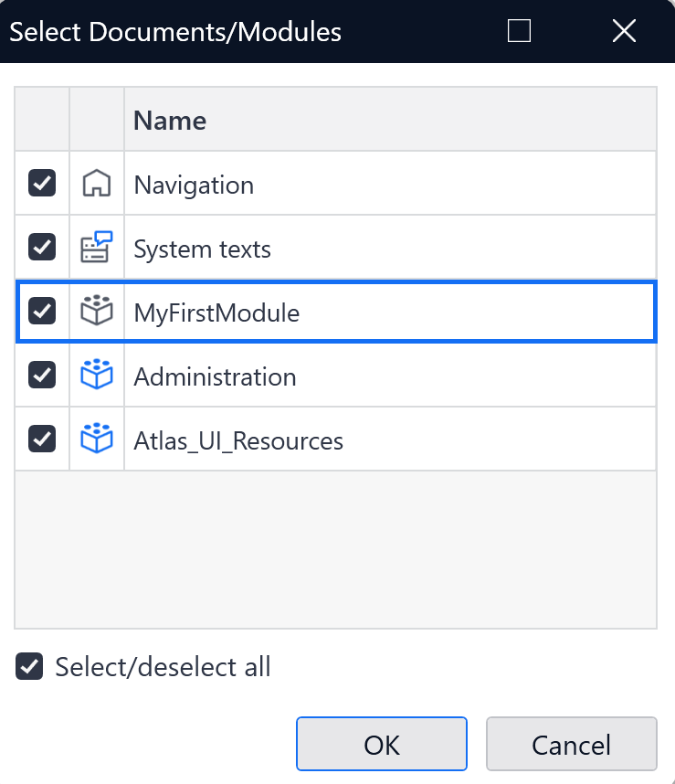 Module selection screen