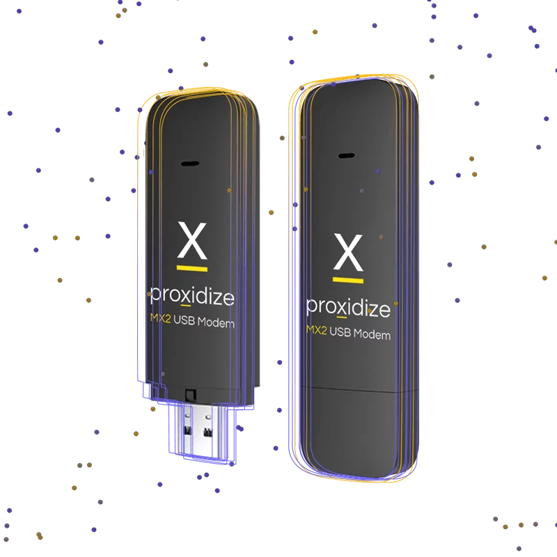 Two MX2 USB Modems with purple and yellow lines surrounding them.