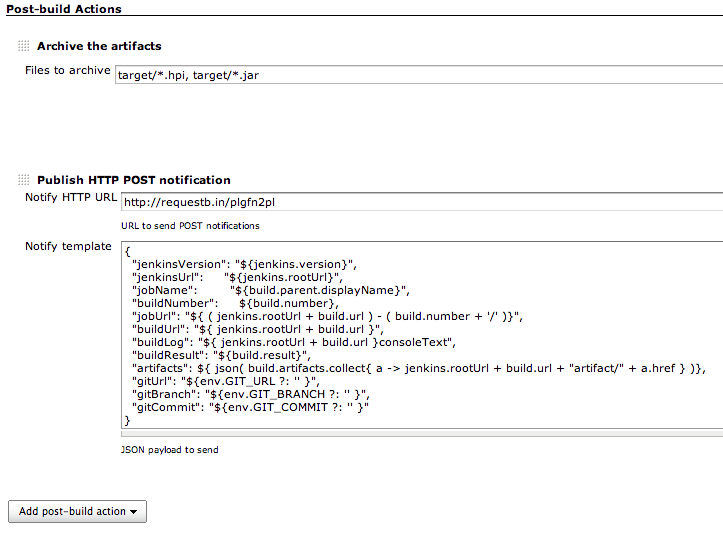 Post-build action with JSON payload submitted as POST request Post-build action with JSON payload submitted as POST request