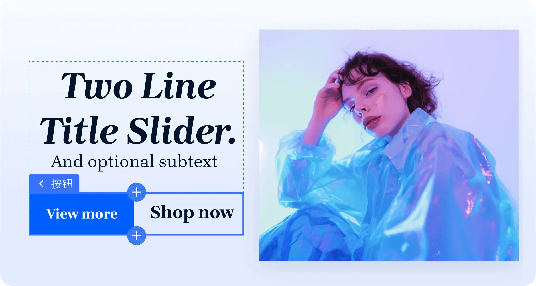 Fashion portrait of a woman in a shiny blue jacket posing with her hand on her head against a purple background, next to text reading 'Two Line Title Slider. And optional subtext' and buttons labeled 'View more' and 'Shop now'.